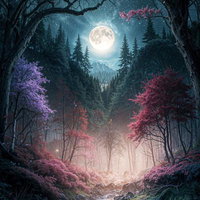 満月と桜の咲く幻想的な森の小川の写真