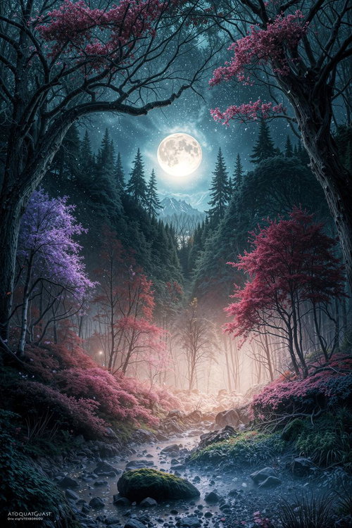 満月と桜の咲く幻想的な森の小川