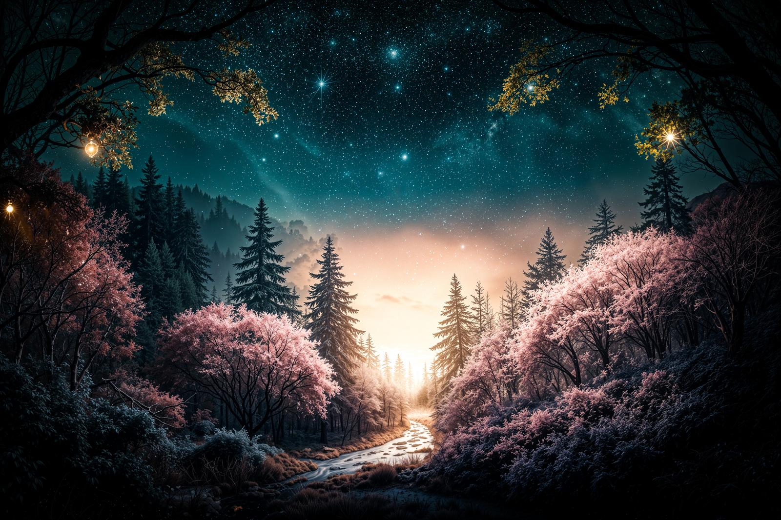 A brook in a forest beneath a full moon, with arched trees overhead