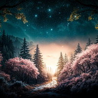 星空と桜に囲まれた夜の森と小川の写真