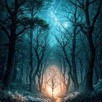 星空の下で光る森の小径と奥の温かな明かりの写真