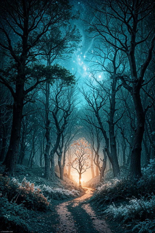 星空の下で光る森の小径と奥の温かな明かり