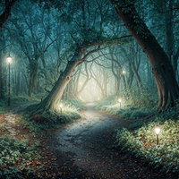 薄暗い森の小道を照らす街灯の夜景の写真