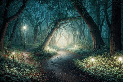 薄暗い森の小道を照らす街灯の夜景