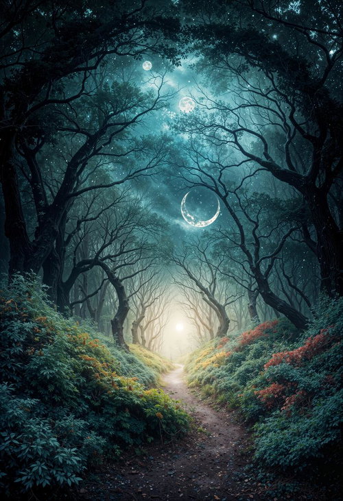 三日月が照らす森の小道を上から見下ろした夜の風景