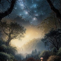 天の川と星々が輝く夜空の下、光る花が咲く森の写真