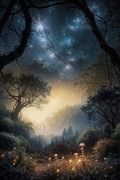 天の川と星々が輝く夜空の下、光る花が咲く森