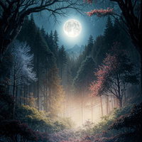 月夜に浮かび上がる満月と秋の森林小径の写真