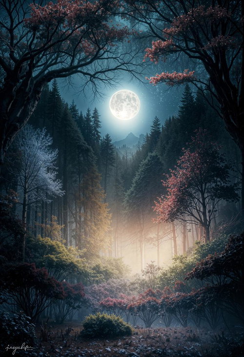 月夜に浮かび上がる満月と秋の森林小径