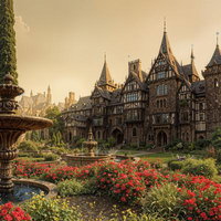 中世ヨーロッパ風の古城と噴水庭園の写真