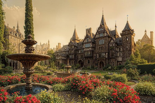 中世ヨーロッパ風の古城と噴水庭園