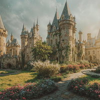 中世ヨーロッパ風の古城と花壇の写真