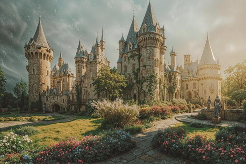 中世ヨーロッパ風の古城と花壇