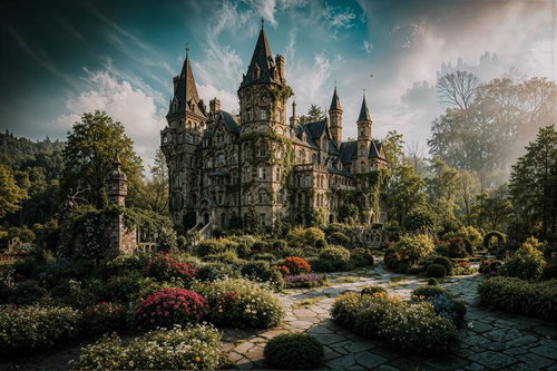 石畳の庭園と尖塔群が目立つゴシック様式の古城