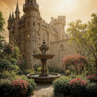中世ヨーロッパ風古城と噴水のある花咲く石畳庭園の写真