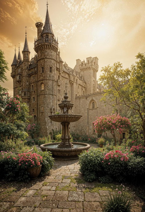 中世ヨーロッパ風古城と噴水のある花咲く石畳庭園