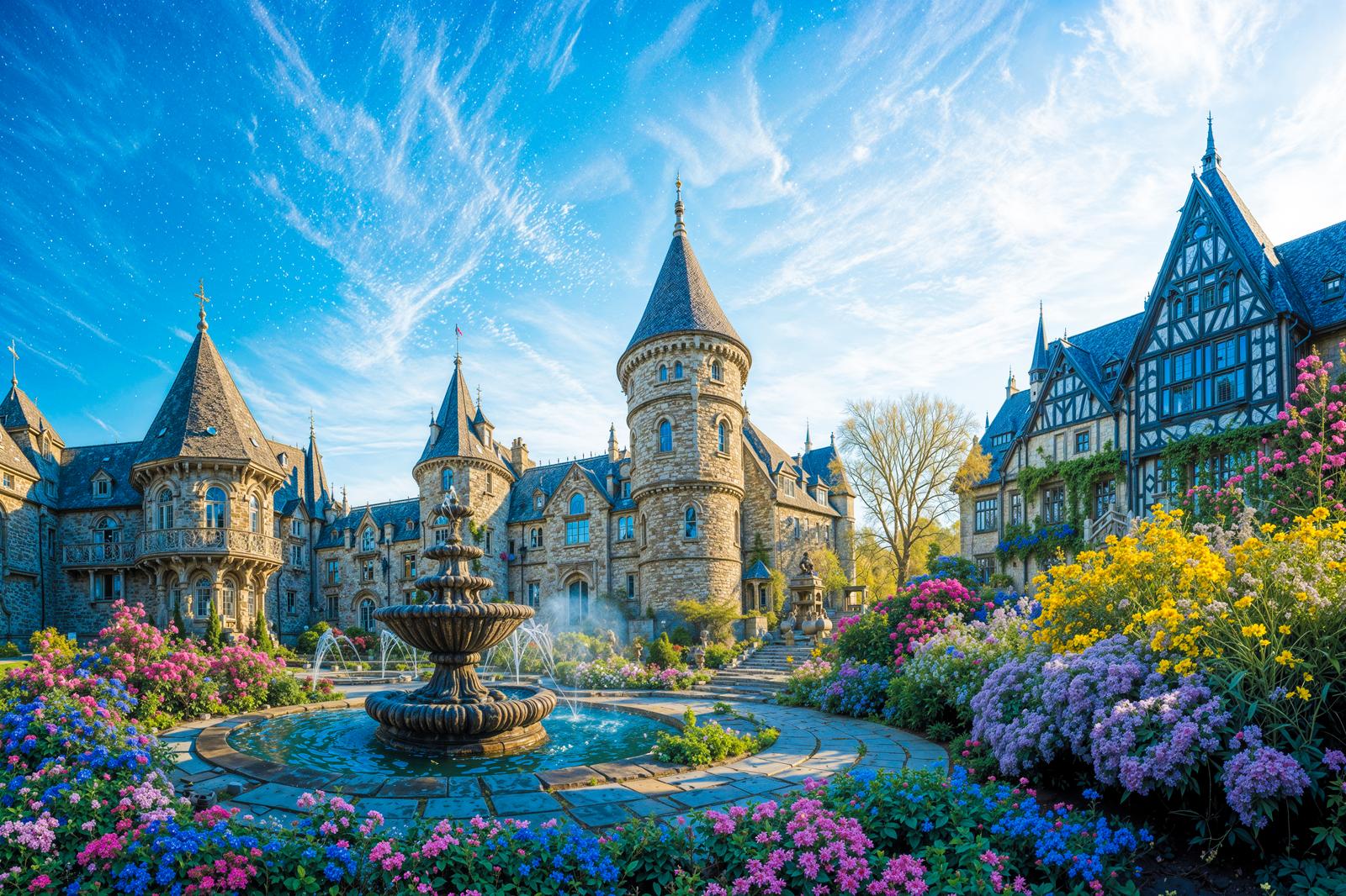 青空の下に建つ中世風の城と噴水のある花園