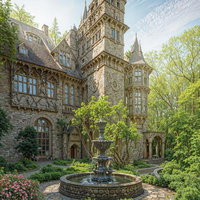 石造りの古城と中央噴水がある中世ヨーロッパ風庭園の写真