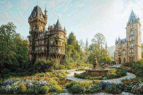 尖塔と石造りの壁が特徴的古城群の中庭