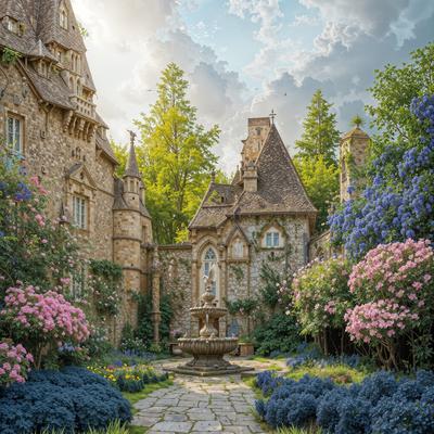 ヨーロッパ風古城の中庭、花咲く庭園と石造りの噴水景観の写真