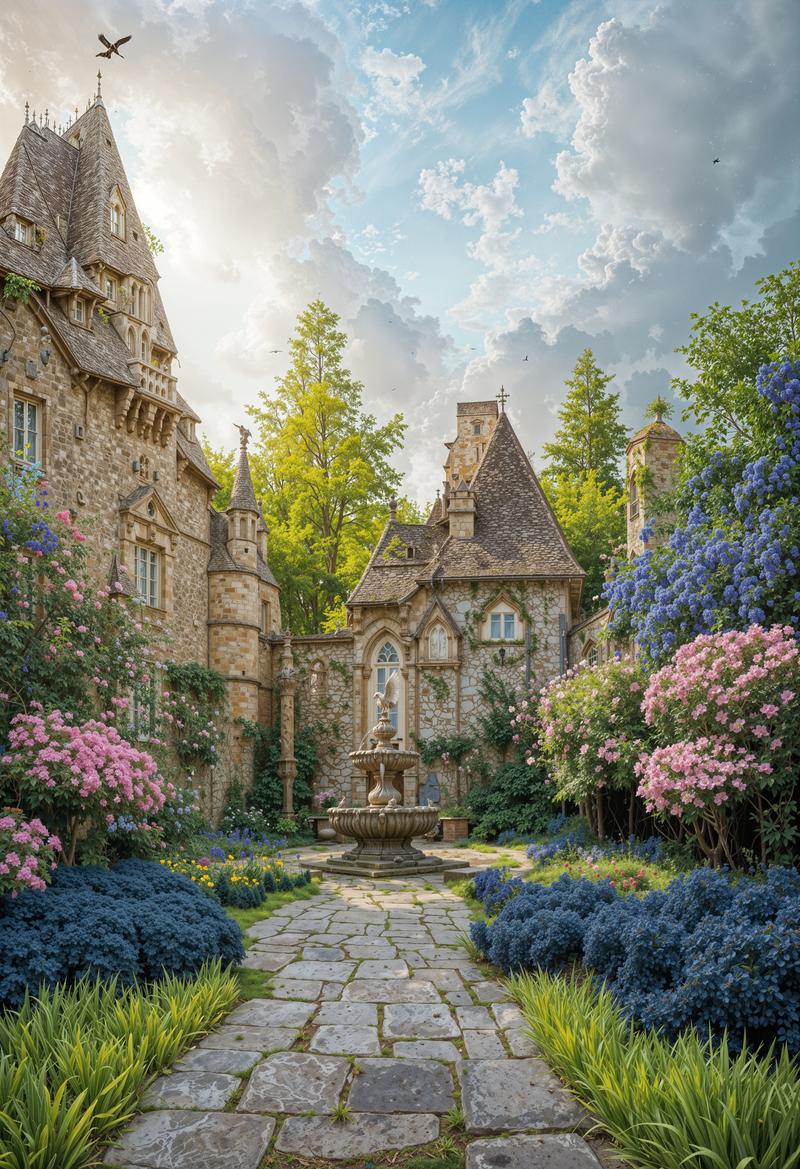 European-style ancient castle's stone garden, with a fountain surrounded by pink and purple flowers in the courtyard