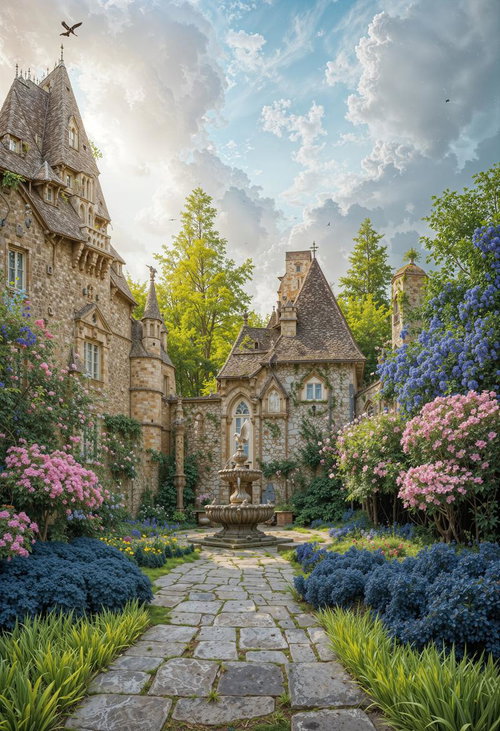 ヨーロッパ風古城の中庭、花咲く庭園と石造りの噴水景観