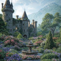 山々に囲まれた中世風古城と花咲く庭園の噴水の写真