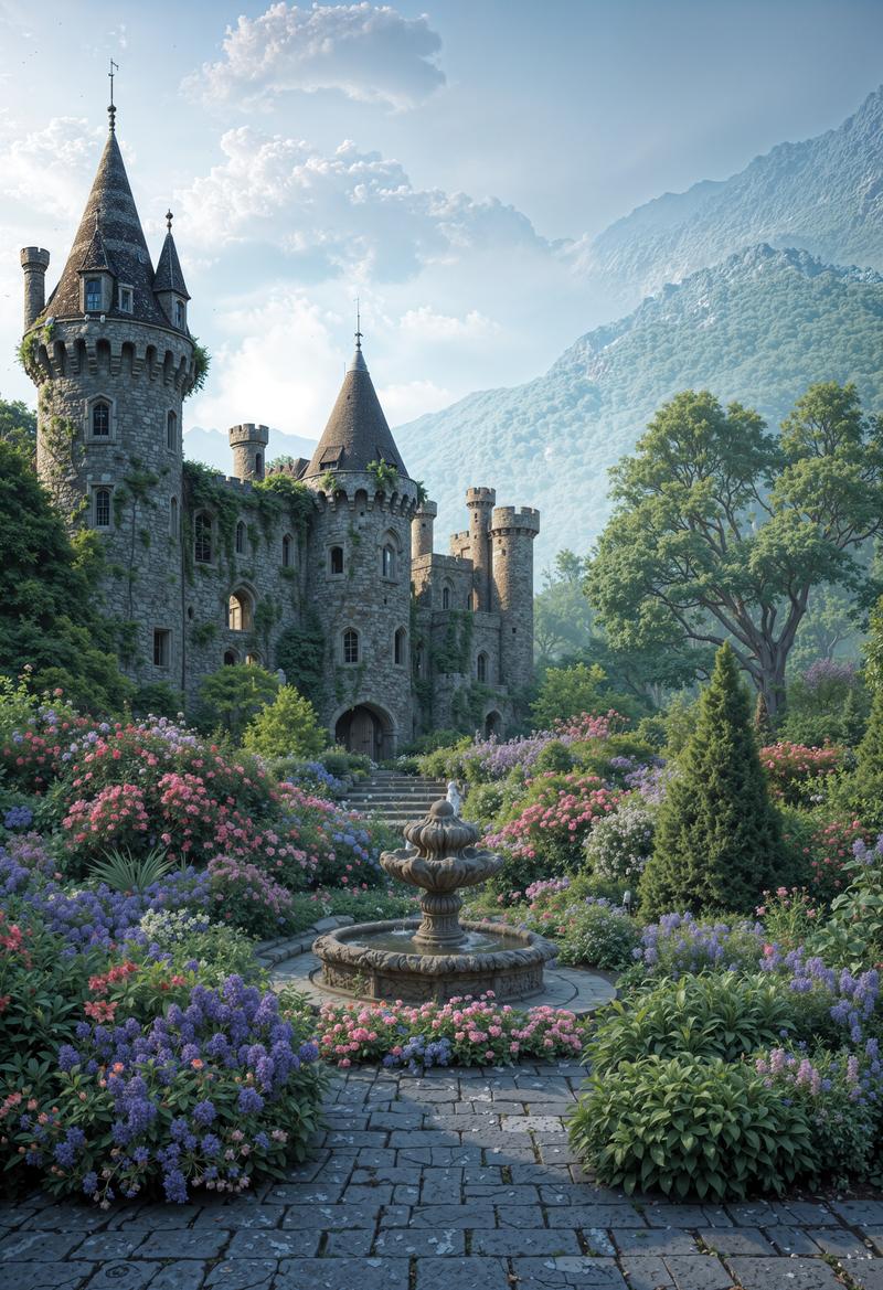 A medieval-style ancient stone castle surrounded by mountains with a colorful flower-filled garden and a fountain in the center