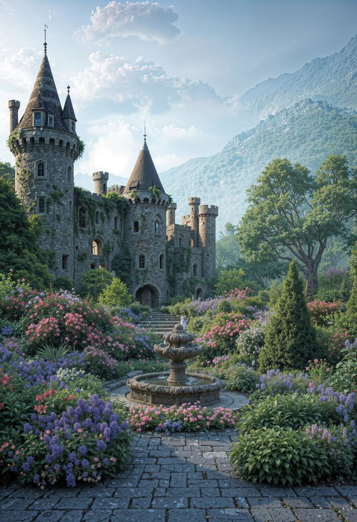 山々に囲まれた中世風古城と花咲く庭園の噴水