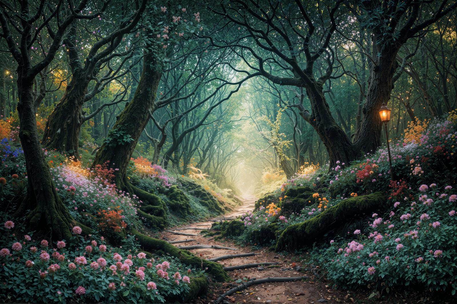 A fantasy landscape of a pathway in a forest lit by street lamps, with pink flowers blooming along the sides.
