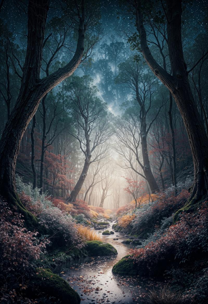 Autumn forest stream with starry night sky