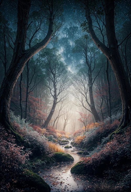 星空が輝く夜の森を流れる小川と秋の風景、紅葉が映る
