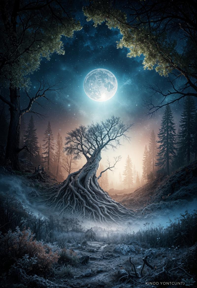 満月の光に照らされた森の中心に立つ古い大樹と星空
