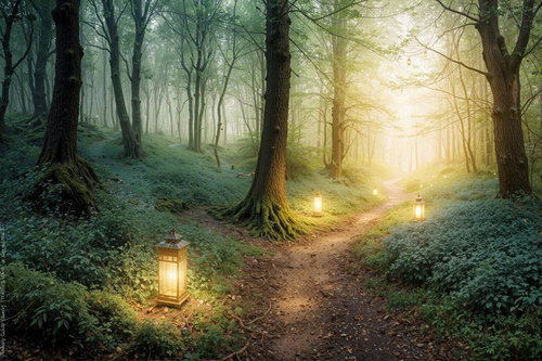 朝霧漂う森の小道とランタンが灯す光と木漏れ日