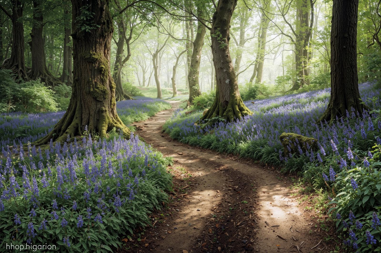 An AI-generated image depicting a forest trail with bluish-purple bluebell-like flowers blooming around the base of moss-covered large trees