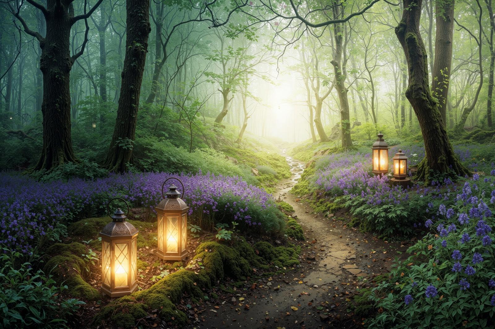 A path in a forest is lit by the warm glow of lanterns, with purple flowers in bloom along the way.