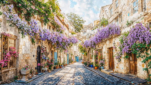 紫色の藤の花が咲く石造りの建物が並ぶ小道