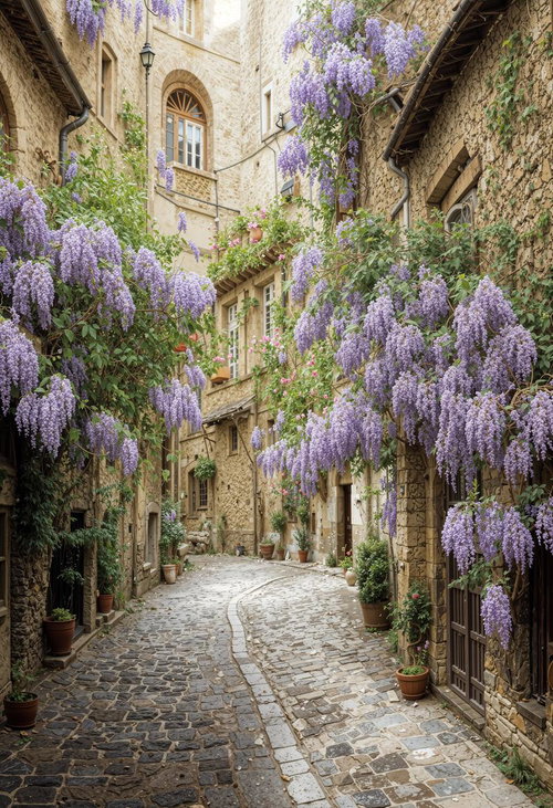 石畳と藤の香りに誘われる古都の散歩道