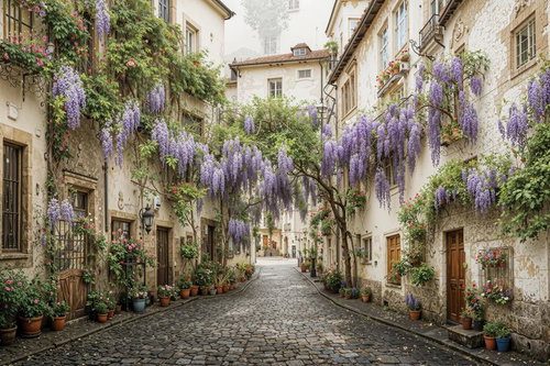 石畳の路地裏に咲き誇るヨーロッパ風の藤の花