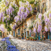 石畳の路地を埋め尽くす藤の花と古い町並みの写真
