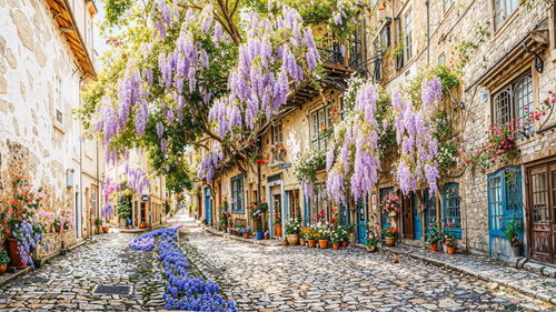 石畳の路地を埋め尽くす藤の花と古い町並み