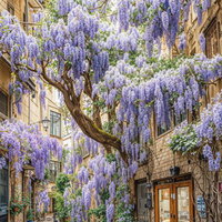 藤の花が咲き乱れるヨーロッパの石畳坂道と古い街並みの写真