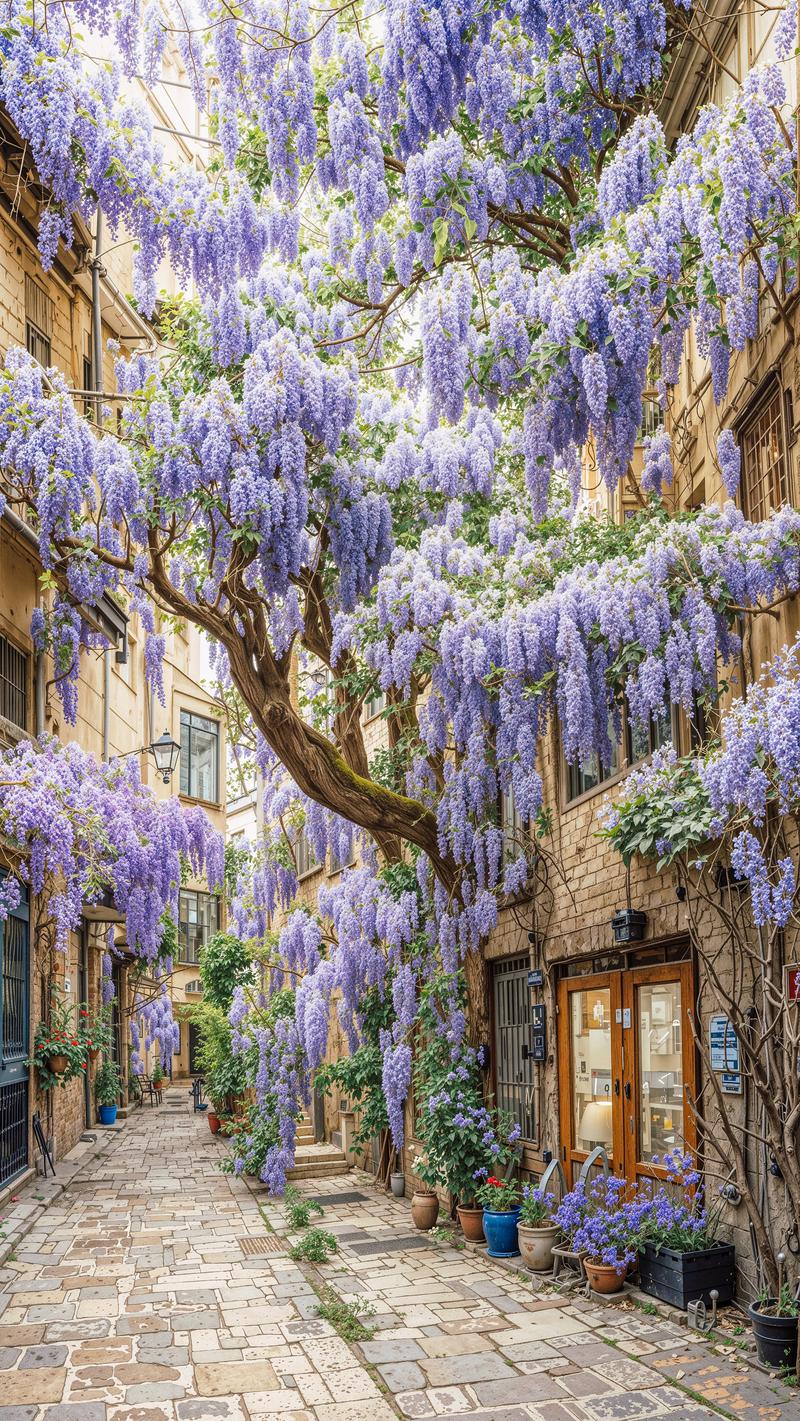 紫の藤の花が垂れ下がる石造りの建物に囲まれた石畳の坂道