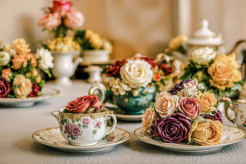 庭園の花に囲まれた紅茶とティーカップで過ごすガーデンブレイク