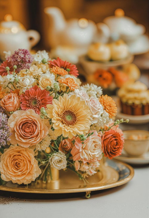 ゴールドトレイにアレンジされた花束