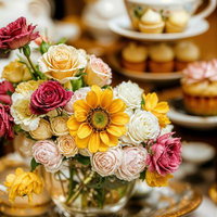 バラとガーベラが飾るアフタヌーンティーテーブルの写真