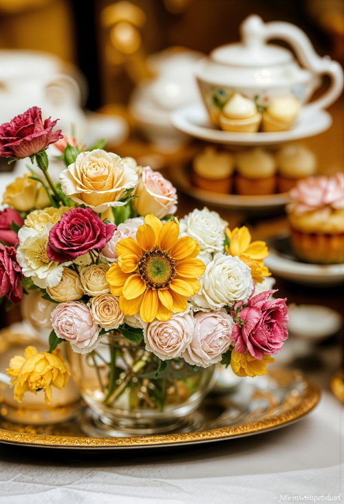 バラとガーベラが飾るアフタヌーンティーテーブル
