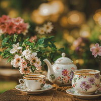 花と紅茶で飾るガーデンブレイクの写真