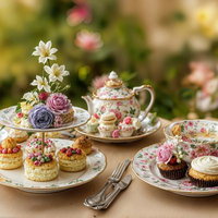 花柄のティーセットとアフタヌーンティーのテーブルの写真