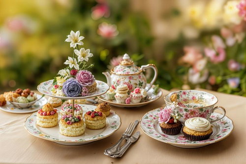 花柄のティーセットとアフタヌーンティーのテーブル
